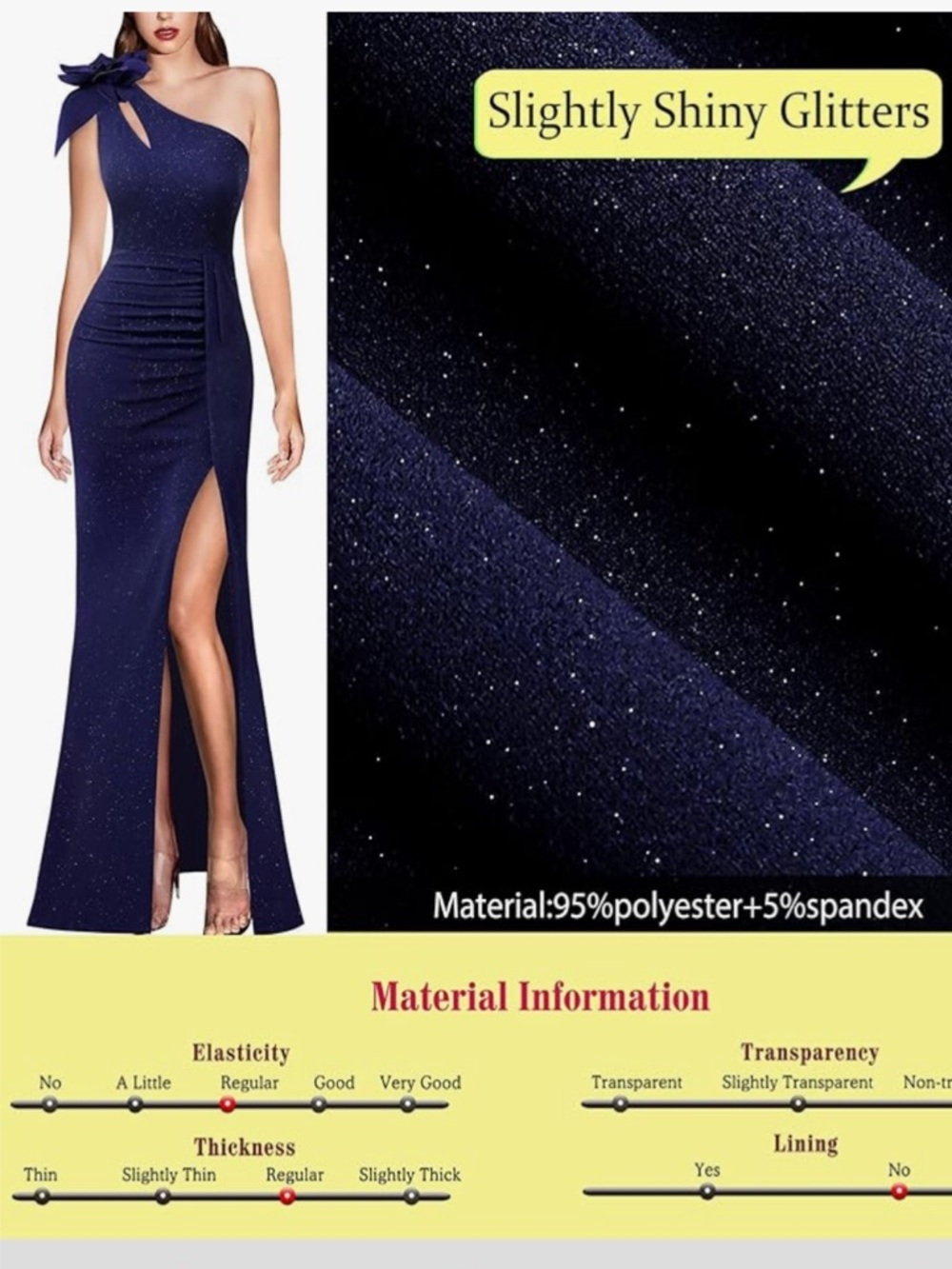 NWT Women's One Shoulder Ruched Maxi Dress Navy Blue Glitter Formal Gown Sz L - Picture 7 of 7